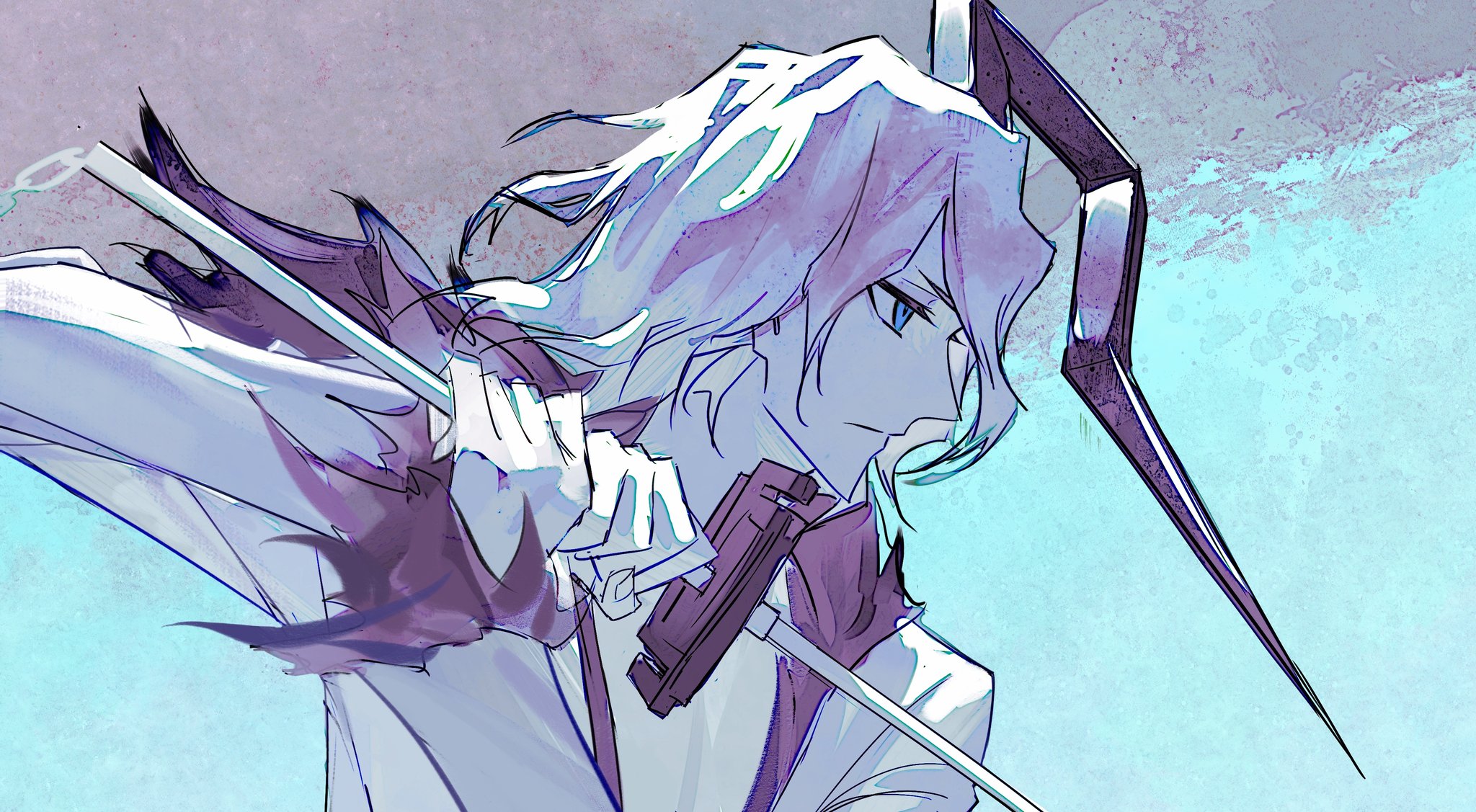 zangjun, hollow ichigo, zangetsu (bleach), bleach, bad id, bad twitter id, highres, 1boy, bankai, closed mouth, colored skin, fusion, hair between eyes, holding, holding sword, holding weapon, hollow (bleach), horns, japanese clothes, long hair, long sleeves, looking at viewer, male focus, shihakusho, short hair, simple background, single horn, solo, sword, tensa zangetsu (bankai), weapon, white hair, white skin