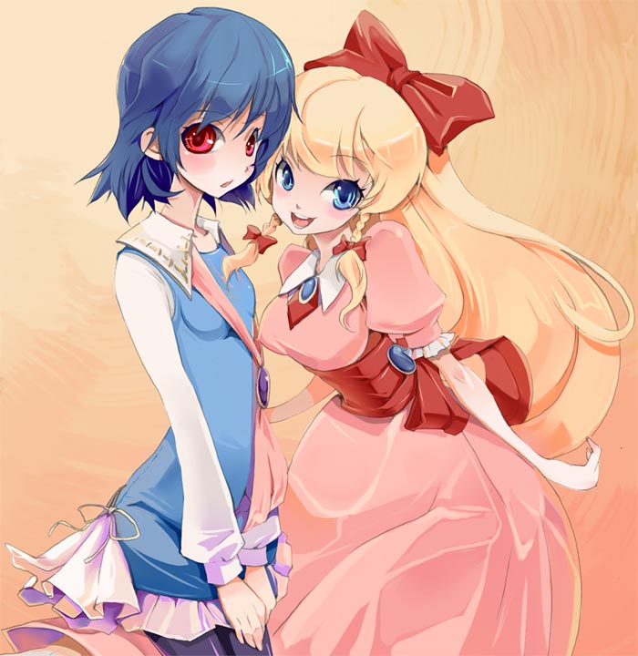 nekoda, nekoda kuro, carrie fernandez, maria renard, castlevania: legacy of darkness, castlevania: rondo of blood, castlevania (series), blue legwear, 2girls, :d, :o, blonde hair, blue eyes, blue hair, blush, bow, braid, breasts, brooch, child, crossover, dress, embarrassed, flat chest, hair bow, hair ribbon, jewelry, large breasts, latex, leaning forward, long hair, multiple girls, open mouth, pantyhose, pleated skirt, red eyes, ribbon, short hair, skirt, smile, standing, twin braids, very long hair