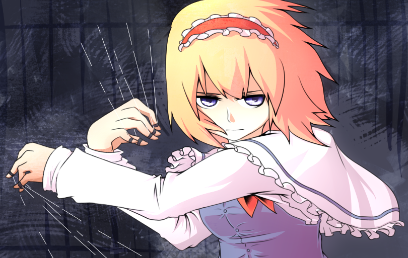 ibuki notsu, alice margatroid, touhou, bad id, bad pixiv id, 1girl, blonde hair, blue eyes, female focus, hairband, short hair, solo, string, upper body