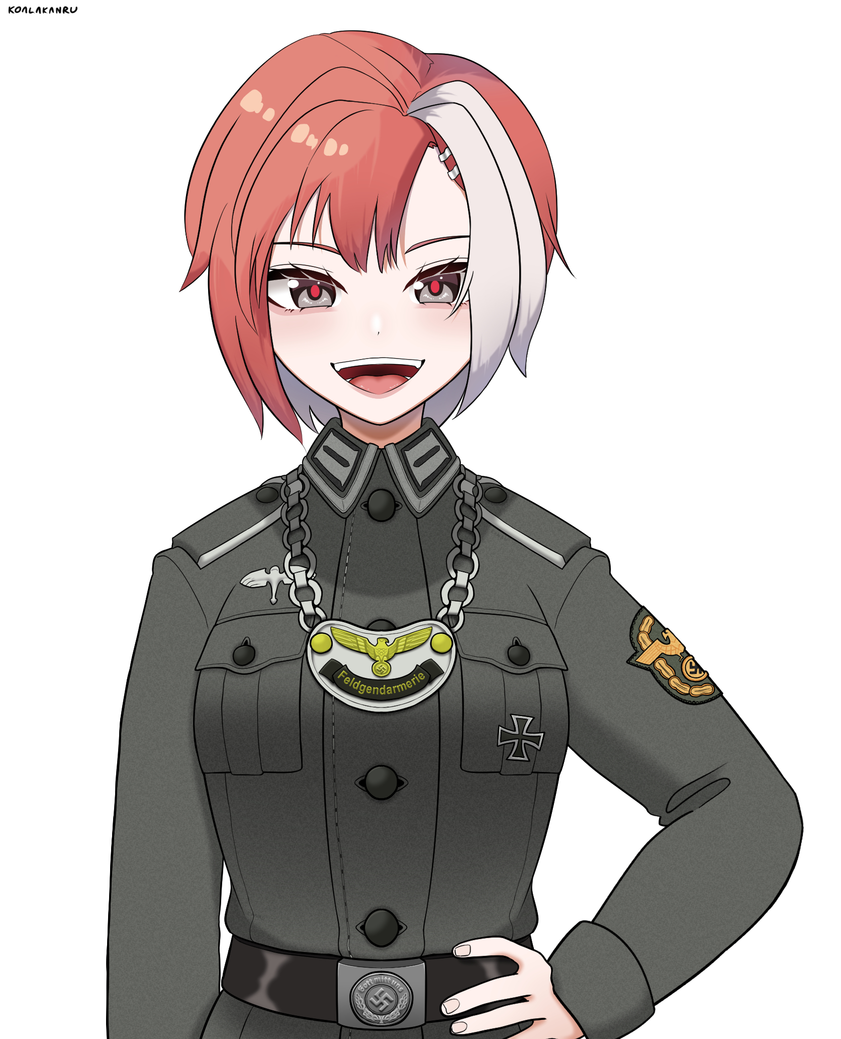 koalakanru, original, highres, belt, belt buckle, buckle, buttons, cross, grey eyes, hand on own hip, iron cross, jewelry, long sleeves, military police, military uniform, multicolored hair, necklace, open mouth, red hair, reichsadler, short hair, swastika, tongue, wehrmacht, world war ii