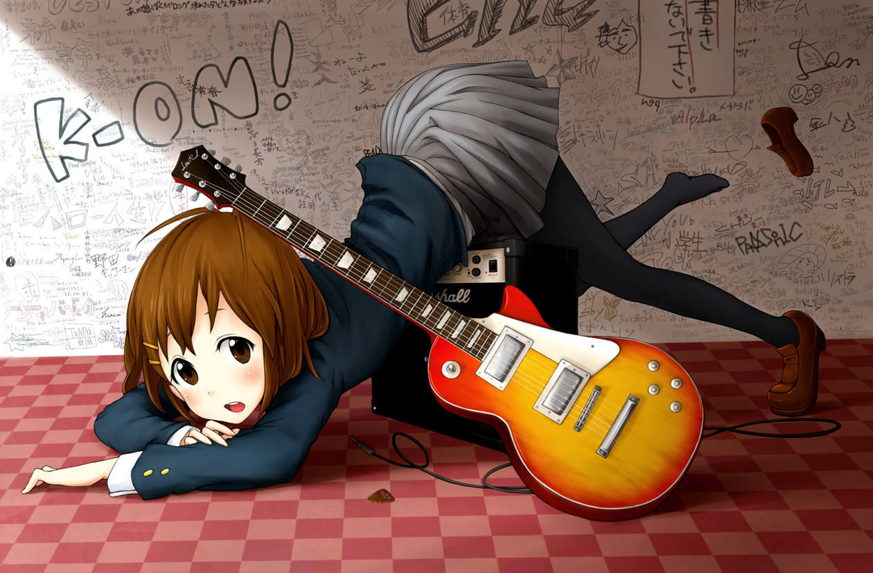 okamocheese, hirasawa yui, k-on!, 00s, 1girl, amplifier, brown eyes, brown hair, cable, female focus, guitar, instrument, looking at viewer, pantyhose, plectrum, school uniform, shoes, short hair, single shoe, skirt, solo, top-down bottom-up
