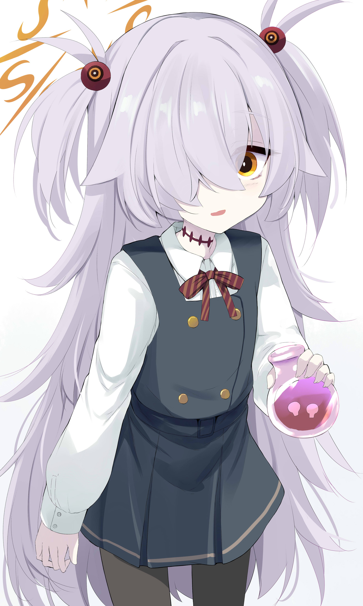 sen (astronomy), kanoe (blue archive), blue archive, absurdres, highres, 1girl, black pantyhose, blush, breasts, brown eyes, choker, collared shirt, dress, flask, grey dress, hair ornament, halo, long hair, long sleeves, looking at viewer, neck ribbon, open mouth, pantyhose, ribbon, round-bottom flask, shirt, small breasts, solo, thighs, two side up, white hair, white shirt