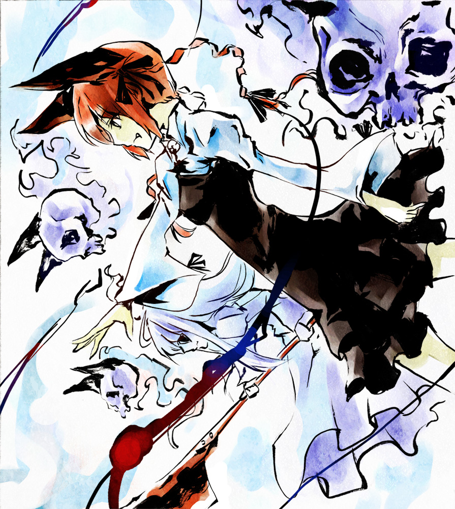 tomasu, tsurukame, kaenbyou rin, zombie fairy (touhou), touhou, 2girls, animal ears, braid, cat ears, cat girl, female focus, hair ribbon, multiple girls, red hair, ribbon, short hair, skull, twin braids, twintails