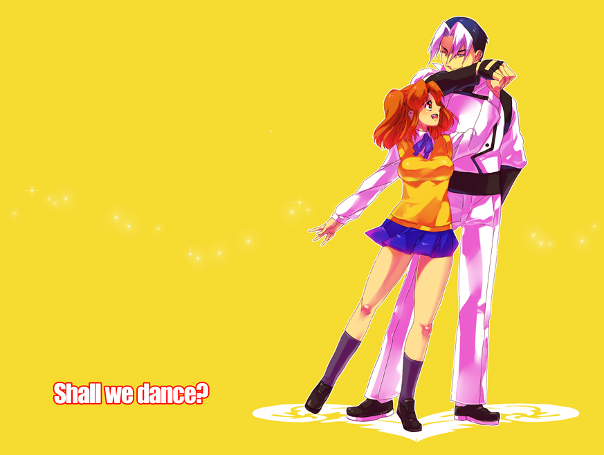akiyama (yamagoya), sachiel (mugen), yumizuka satsuki, m.u.g.e.n, melty blood, tsukihime, type-moon, 00s, 1boy, 1girl, blue skirt, bow, breasts, brown eyes, brown hair, colored bangs, crossover, dancing, dress shirt, fingerless gloves, gloves, kneehighs, legs, miniskirt, multicolored hair, pleated skirt, ribbon, school uniform, shirt, shoes, short hair, sidelocks, simple background, skirt, socks, sparkle, sweater, sweater vest, twintails, two-tone hair, two side up, vest