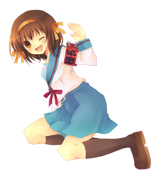 hanahubuki1991, suzumiya haruhi, suzumiya haruhi no yuuutsu, 00s, armband, brown eyes, brown hair, hairband, one eye closed, school uniform, serafuku, short hair, solo, wink