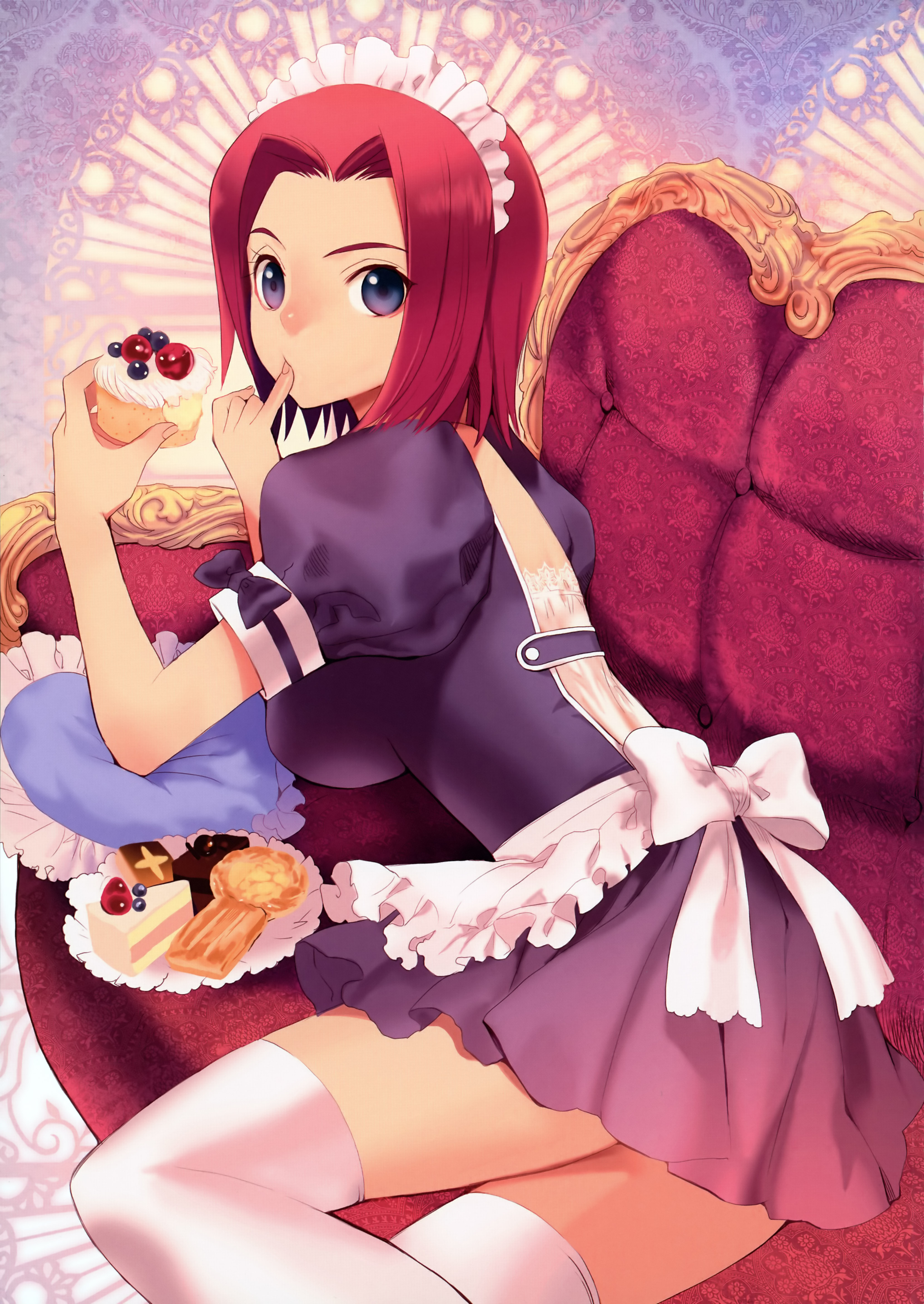 miyama waka, sugiyama waka, kouzuki kallen, code geass, code geass heroine tribute, absurdres, highres, scan, 00s, 1girl, alternate costume, apron, berry, blue eyes, cake, couch, dessert, dress, enmaided, female focus, finger to mouth, food, frilled pillow, frills, icing, lace, looking at viewer, maid, maid apron, maid headdress, pastry, pillow, pink hair, ribbon, short dress, short hair, solo, thighhighs, white thighhighs