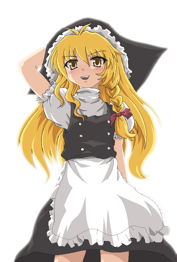 hayashiya zankurou, kirisame marisa, touhou, bad id, bad pixiv id, 1girl, apron, backlighting, blonde hair, blush, braid, brown eyes, dress, female focus, hand on headwear, long hair, oekaki, open mouth, side braid, smile, solo, waist apron, yellow eyes