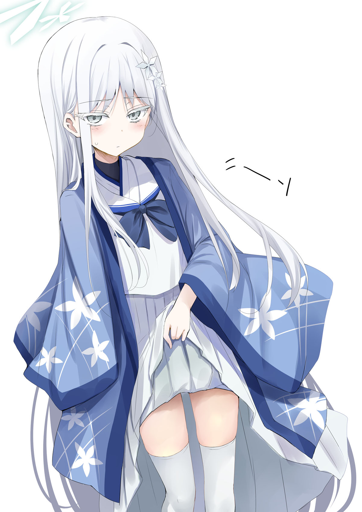 sen (astronomy), nagusa (blue archive), blue archive, highres, translation request, 1girl, blue kimono, blush, bow, bowtie, breasts, clothes lift, flower, grey eyes, hair flower, hair ornament, halo, japanese clothes, kimono, kimono on shoulders, long hair, long skirt, looking at viewer, parted bangs, pleated skirt, sailor collar, shirt, sidelocks, skirt, small breasts, solo, thighhighs, thighs, very long hair, white hair, white sailor collar, white shirt, white skirt, white thighhighs, wide sleeves