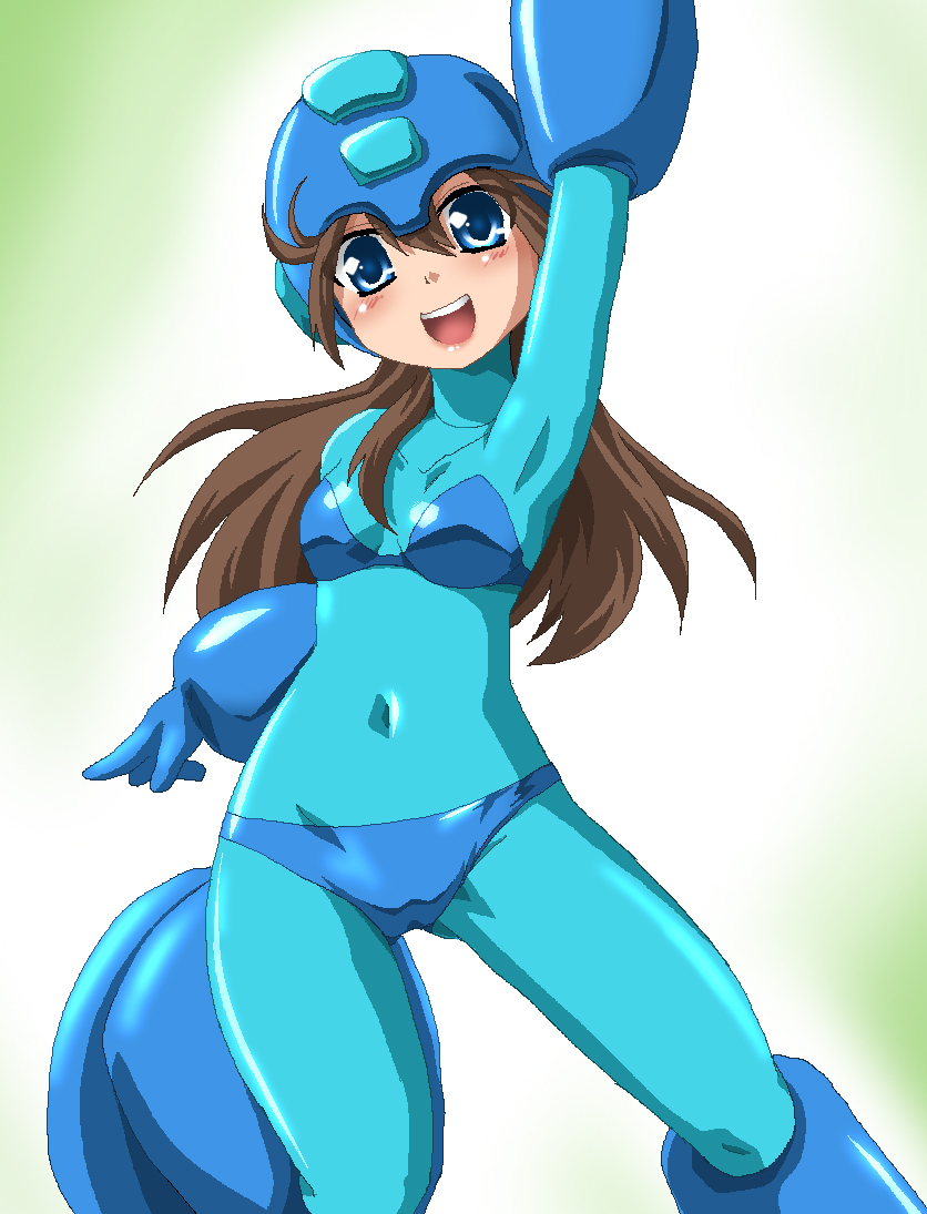 hayashiya zankurou, mega man (character), capcom, mega man (classic), mega man (series), 1girl, armpits, blue eyes, brown hair, female focus, genderswap, genderswap (mtf), long hair, oekaki, smile, solo