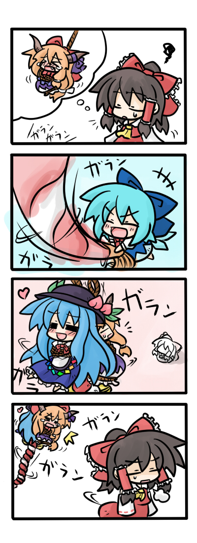 yanagi (nurikoboshi), cirno, hakurei reimu, hinanawi tenshi, ibuki suika, touhou, > <, 4koma, black hair, blue hair, blush, chibi, closed eyes, comic, fang, food, fruit, hair ribbon, hat, heart, orange hair, peach, ribbon, silent comic, tears