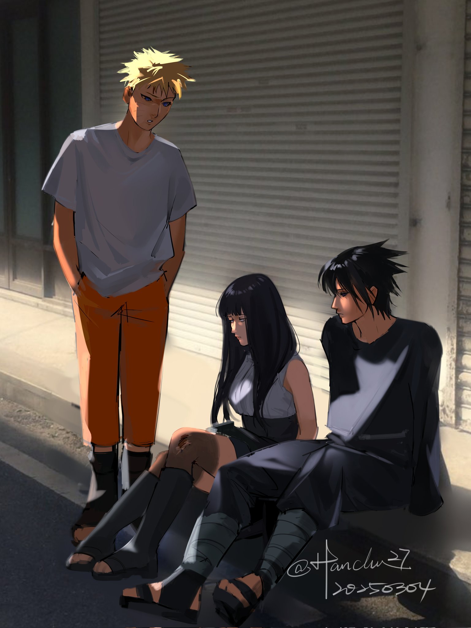 hanchu27, hyuuga hinata, uchiha sasuke, uzumaki naruto, naruto (series), highres, 1girl, 2boys, black hair, black pants, black shirt, black shoes, black shorts, black socks, blonde hair, blunt bangs, breasts, dated, full body, garage door, grey eyes, hair between eyes, hair over shoulder, half-closed eyes, hands in pockets, hime cut, injury, looking at another, medium breasts, multiple boys, open-toe shoes, orange pants, pants, parted lips, shirt, shoes, short hair, shorts, sidewalk, sitting, socks, spiked hair, t-shirt, twitter username, white shirt