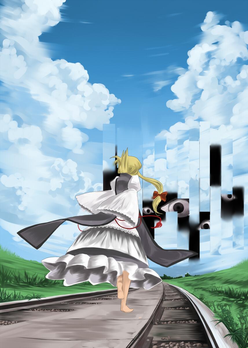garnet, yakumo yukari, touhou, highres, 1girl, barefoot, blonde hair, bow, cloud, day, female focus, gap (touhou), hair bow, hair up, nature, no headwear, railroad tracks, ribbon, running, scenery, sky, solo, tabard, walking