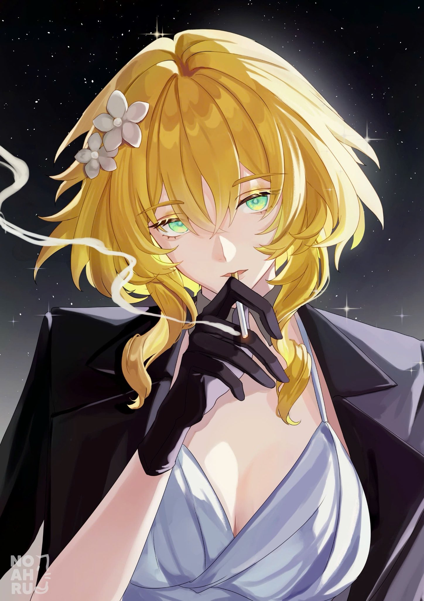 xnoahru, aglaea (honkai: star rail), honkai: star rail, honkai (series), commentary, highres, 1girl, alternate costume, black gloves, black jacket, blonde hair, breasts, cigarette, cleavage, flower, gloves, green eyes, hair between eyes, hair flower, hair ornament, jacket, large breasts, looking at viewer, parted lips, short hair, short sleeves, smoke, smoking, upper body, white flower