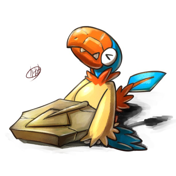 kaosu (kaosu0905), archen, nintendo, pokemon, commentary request, > <, animal focus, closed eyes, closed mouth, fossil, gen 5 pokemon, holding, no humans, plume fossil, pokemon (creature), pokemon focus, signature, simple background, solo, white background