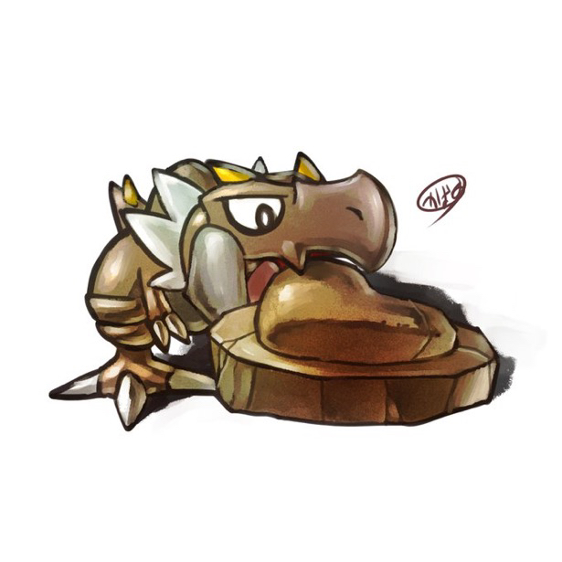 kaosu (kaosu0905), tyrunt, nintendo, pokemon, commentary request, animal focus, biting, black eyes, bright pupils, claws, fossil, gen 6 pokemon, jaw fossil, no humans, pokemon (creature), pokemon focus, signature, simple background, solo, white background, white pupils