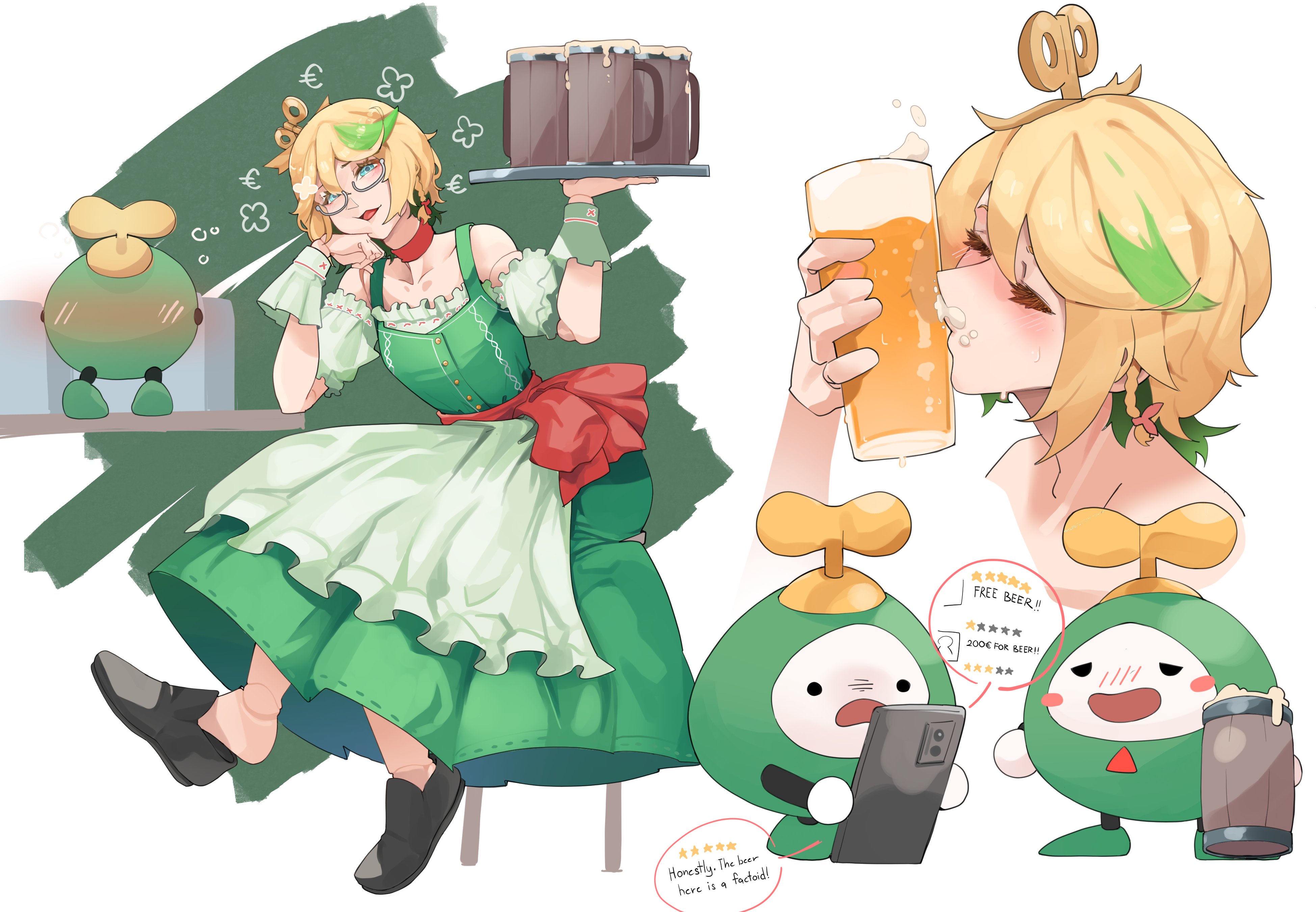 rikuje, otomo (cecilia immergreen), hololive, hololive english, absurdres, commentary, english commentary, highres, 1girl, alcohol, beer, beer mug, blonde hair, blush, cecilia immergold, cellphone, closed eyes, collarbone, cup, doll joints, dress, drunk, english text, eyelashes, full body, green dress, green hair, head rest, holding, holding phone, holding tray, joints, kiss, mug, multiple views, off-shoulder dress, off shoulder, phone, semi-rimless eyewear, sitting, smartphone, tray, under-rim eyewear, virtual youtuber, winding key