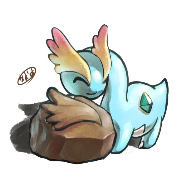 kaosu (kaosu0905), amaura, nintendo, pokemon, commentary request, animal focus, closed eyes, closed mouth, fossil, gen 6 pokemon, no humans, pokemon (creature), pokemon focus, sail fossil, signature, simple background, smile, solo, white background