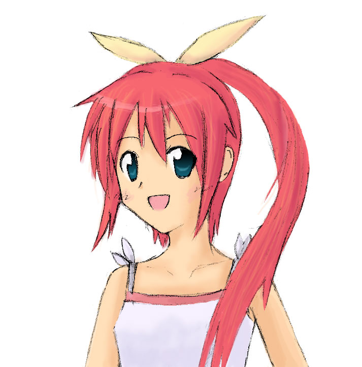 hana, oriber00, hana (pangya), pangya, bad id, bad pixiv id, 1girl, aqua eyes, bad anatomy, female focus, long hair, open mouth, ponytail, poorly drawn, ribbon, smile, solo