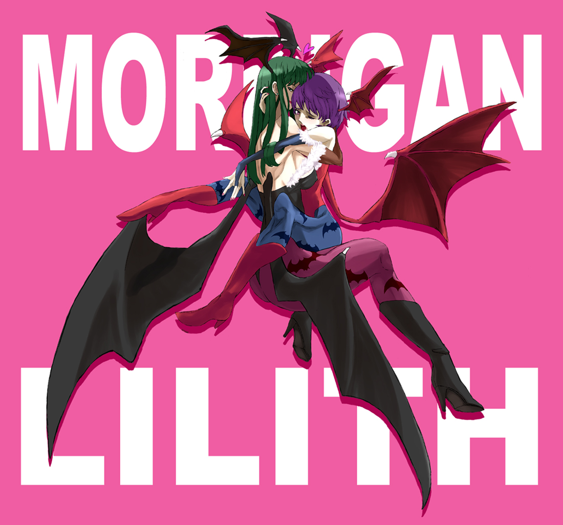 kon (kdash), lilith (darkstalkers), morrigan aensland, capcom, darkstalkers, print legwear, 2girls, animal print, ass, back, bare back, bare shoulders, bat print, bat wings, boots, breasts, character name, covered erect nipples, demon girl, detached sleeves, elbow gloves, gloves, green hair, head wings, heart, high heels, hug, large breasts, leotard, long hair, multiple girls, one eye closed, open mouth, pantyhose, purple hair, red leotard, shoes, short hair, sideboob, simple background, spread legs, straddling, wince, wings, wink