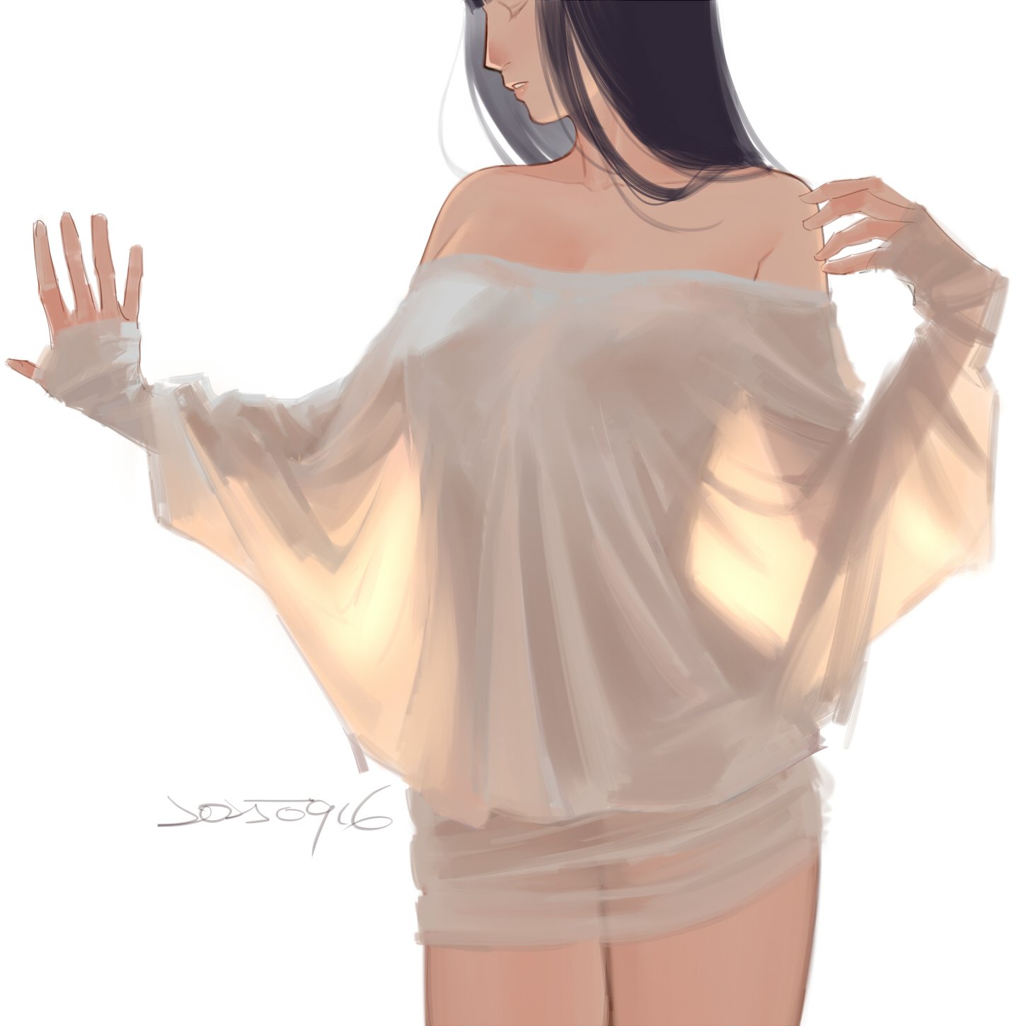 hanchu27, hyuuga hinata, naruto (series), derivative work, highres, 1girl, alternate costume, bare shoulders, black hair, blunt bangs, breasts, cleavage, closed eyes, cowboy shot, dated, long hair, medium breasts, off-shoulder shirt, off shoulder, parted lips, see-through silhouette, shirt, solo, white background, white shirt