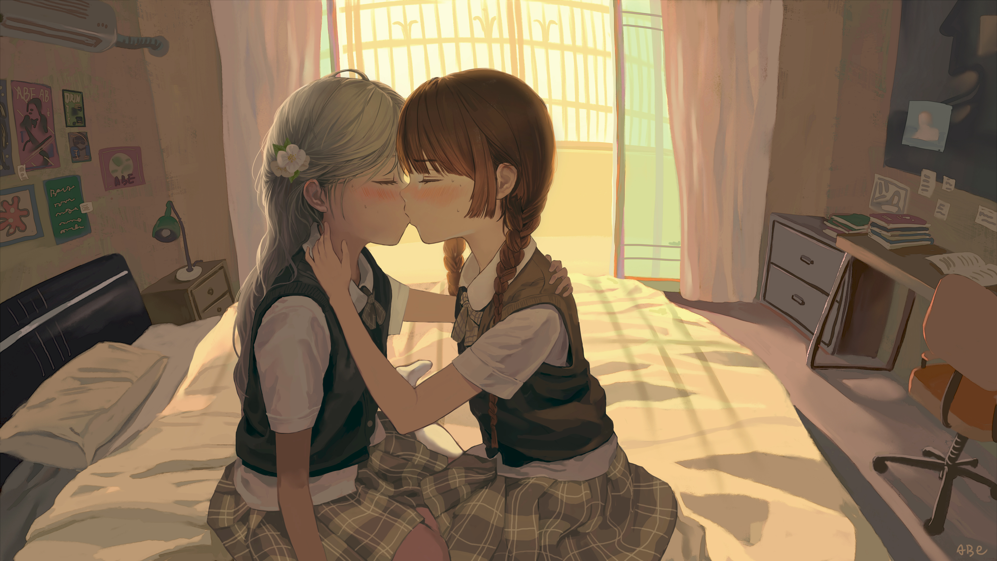 original, absurdres, commentary request, highres, 2girls, black sweater vest, blush, braid, brown hair, closed eyes, collared shirt, curtains, desk, flower, grey hair, grey skirt, hair up, hand on another's neck, indoors, kiss, kouroul, lamp, multiple girls, on bed, plaid clothes, plaid skirt, pleated skirt, poster (object), school uniform, shirt, skirt, sweat, sweater vest, twin braids, white flower, white shirt, window, yuri
