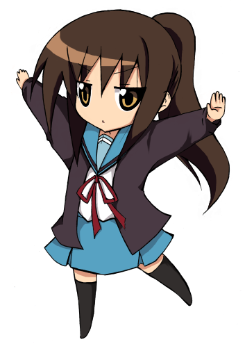 shun ss, kyon, kyonko, suzumiya haruhi no yuuutsu, bad id, bad pixiv id, lowres, 00s, 1girl, brown hair, chibi, female focus, genderswap, genderswap (mtf), ponytail, school uniform, serafuku, solo, thighhighs