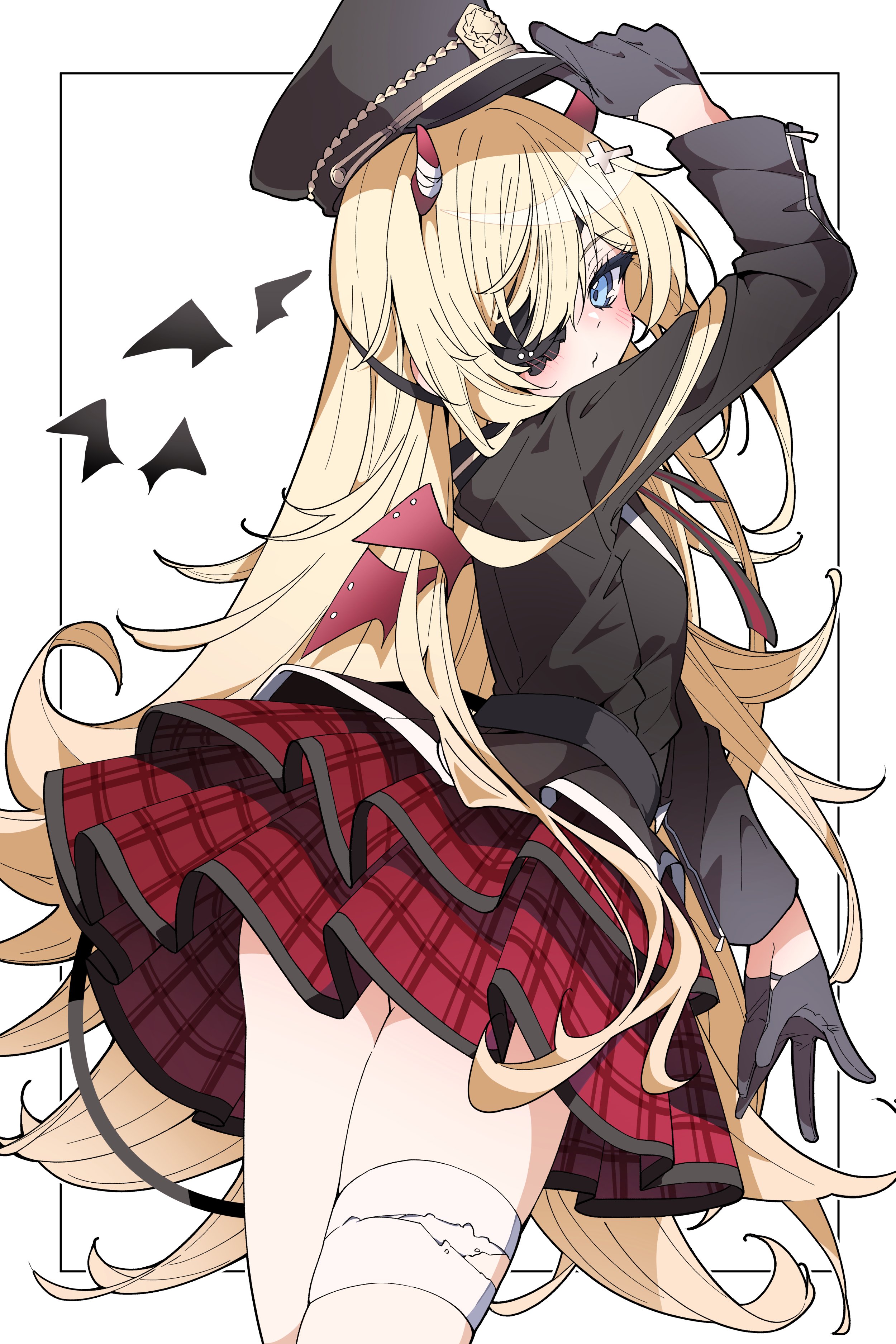tu pa pa pa, guillotine (nikke), goddess of victory: nikke, absurdres, highres, 1girl, ass, black gloves, black jacket, blonde hair, blue eyes, checkered clothes, checkered skirt, eyepatch, gloves, hat, jacket, looking at viewer, looking back, military hat, one eye covered, red skirt, skirt, solo, thighs