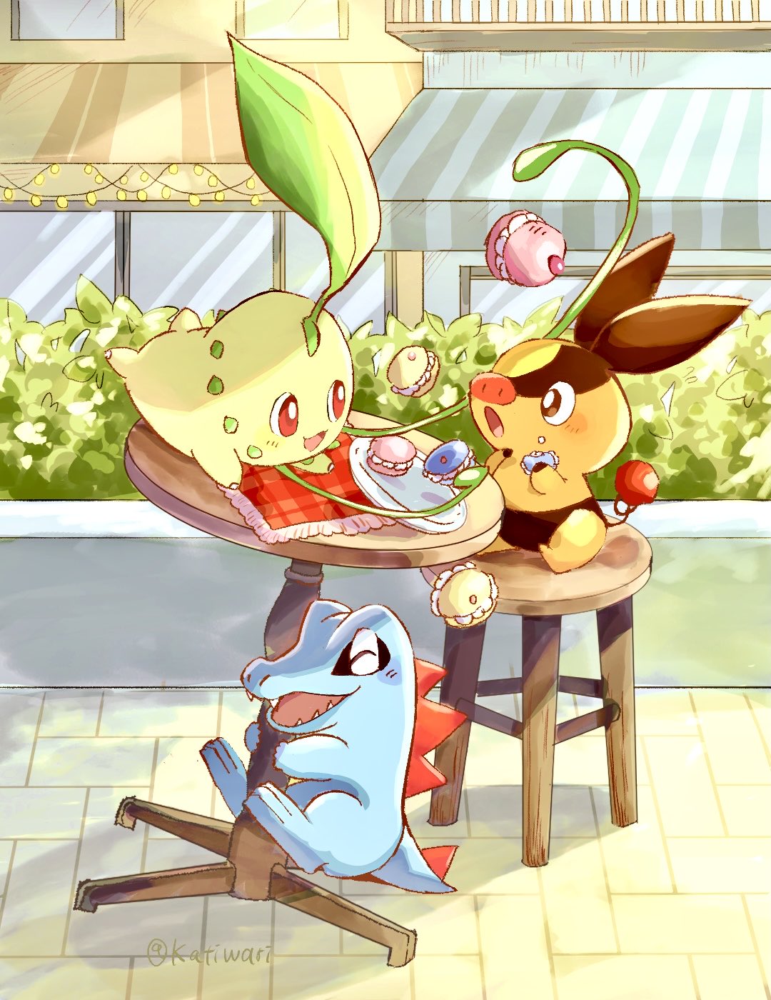 katiwari7293, chikorita, tepig, totodile, nintendo, pokemon, pokemon legends: z-a, highres, blush, brown eyes, chair, closed eyes, day, food, gen 2 pokemon, gen 5 pokemon, leaf, macaron, no humans, open mouth, outdoors, plant, plate, pokemon (creature), pokemon focus, red eyes, sharp teeth, sitting, smile, starter pokemon trio, table, teeth, vines