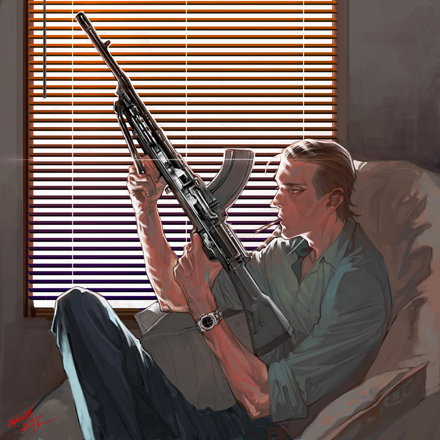 original, 1boy, blue pants, bren lmg, brown eyes, brown hair, cigarette, collared shirt, couch, crossed legs, ctkcave, green shirt, gun, hair slicked back, holding, holding gun, holding weapon, indoors, lifting object, light machine gun, looking at object, machine gun, male focus, on couch, pants, pillow, rifle, shirt, short hair, sitting, smoking, solo, watch, weapon, window blinds, wristwatch