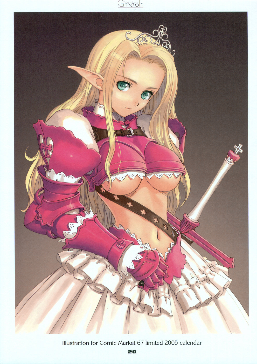 tony taka, highres, scan, 1girl, armor, blonde hair, breasts, elf, female focus, gauntlets, gloves, green eyes, large breasts, long hair, midriff, pointy ears, solo, sword, underboob, weapon