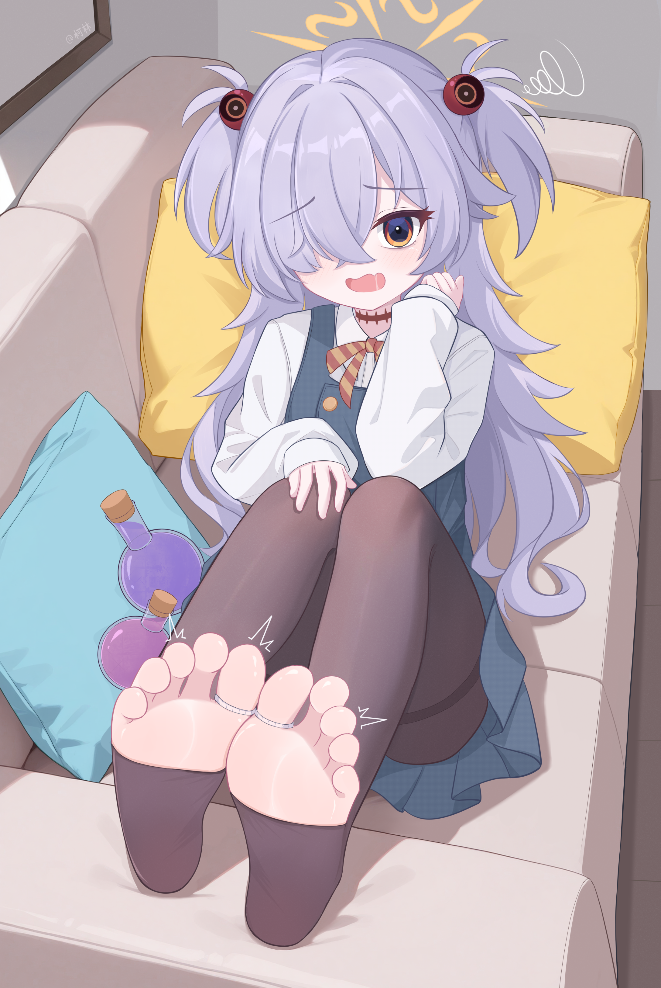 eugenecolin, kanoe (blue archive), blue archive, absurdres, chinese commentary, commentary request, highres, paid reward available, variant set, 1girl, ^^^, artist name, barefoot, black eyes, black pantyhose, blush, bound, bound toes, bright pupils, brown eyes, brown ribbon, collared shirt, convenient leg, couch, crossed bangs, dress, dutch angle, eyeball hair ornament, eyelashes, feet, flask, foot focus, full body, furrowed brow, grey hair, hair intakes, hair over one eye, halo, hand on own knee, hands up, knees up, laughing, long bangs, long hair, looking at viewer, multicolored eyes, neck ribbon, on couch, one eye covered, open mouth, orange halo, pantyhose, pillow, pinafore dress, ribbon, round-bottom flask, saliva, school uniform, shirt, sitting, sleeveless, sleeveless dress, sleeves past wrists, soles, solo, squiggle, thighband pantyhose, toeless legwear, toes, two-tone eyes, two side up, very long hair, wavy mouth, white pupils, white shirt