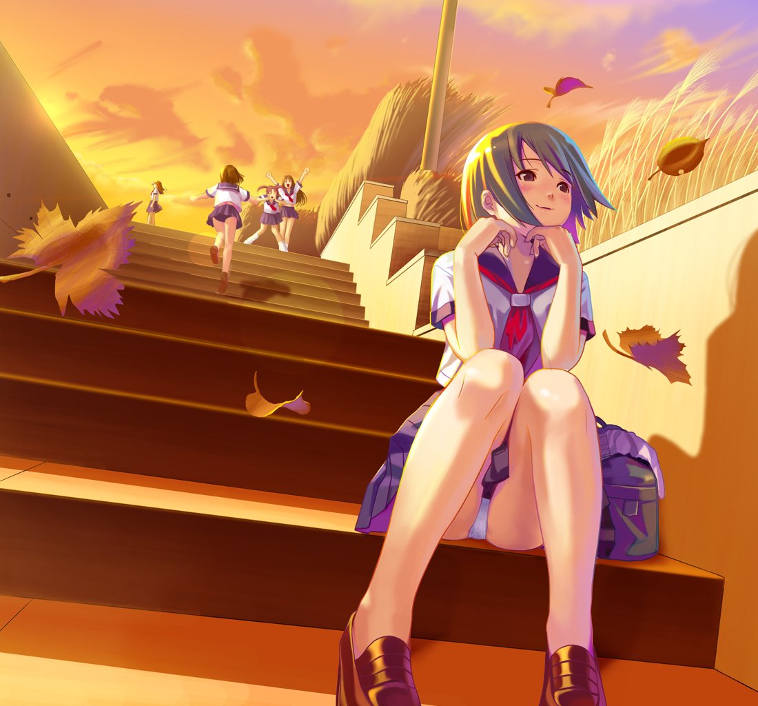 koutaro, original, 5girls, blush, brown eyes, green hair, multiple girls, panties, pantyshot, school uniform, serafuku, sitting, sitting on stairs, skirt, stairs, underwear, upskirt, white panties