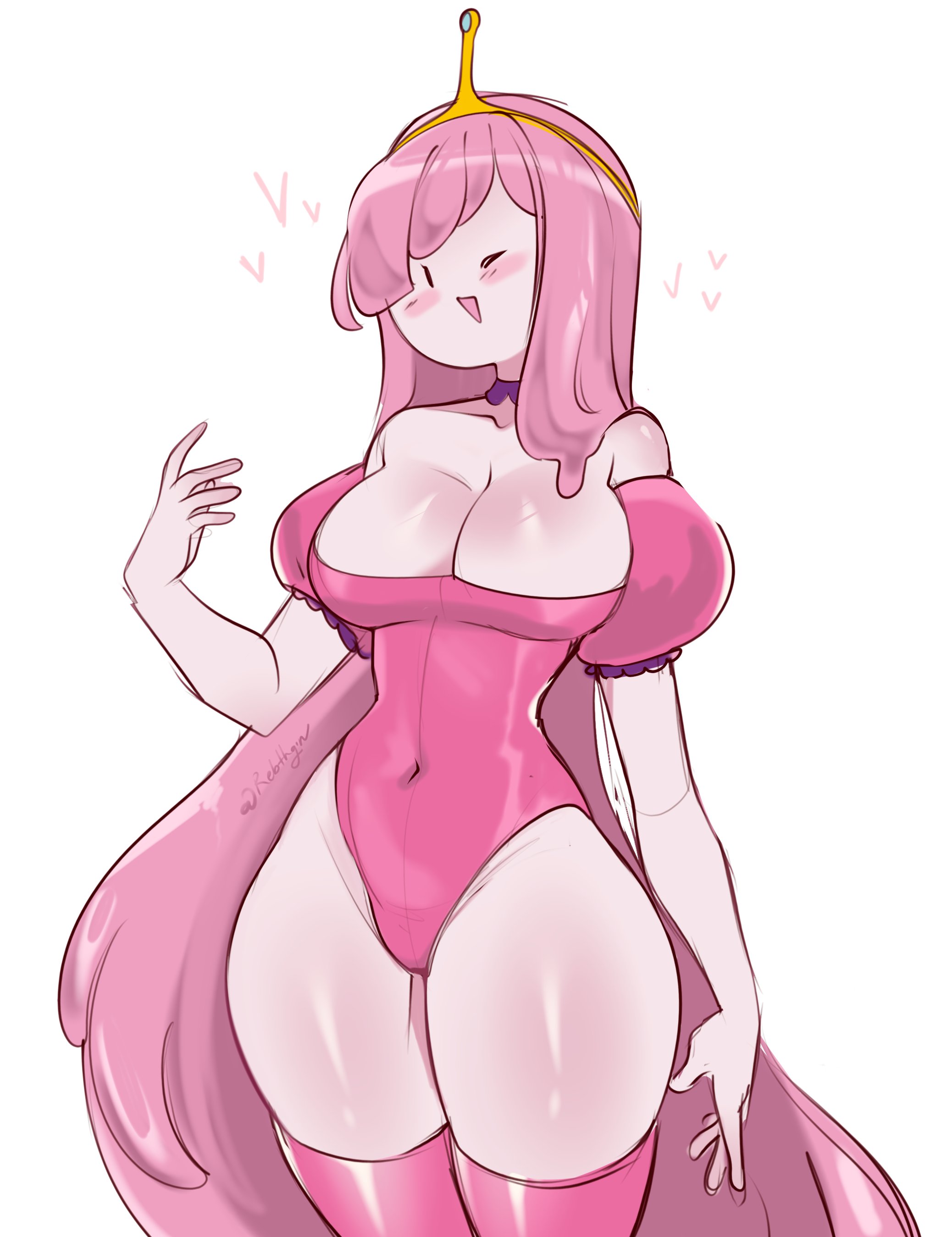 rebthgin, princess bonnibel bubblegum, adventure time, absurdres, highres, 1girl, bare shoulders, blush, breasts, choker, cleavage, covered navel, cowboy shot, detached sleeves, diagonal bangs, highleg, highleg leotard, large breasts, leotard, long hair, one eye closed, open mouth, pale skin, pink hair, pink leotard, pink sleeves, pink thighhighs, puffy short sleeves, puffy sleeves, purple choker, short sleeves, sketch, smile, solo, thighhighs, tiara, twintails, very long hair, white background