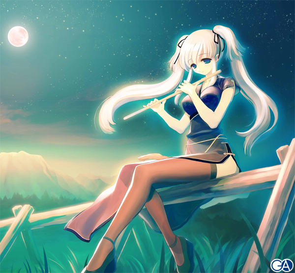 nao (mabinogi), mabinogi, 1girl, album cover, blue eyes, chinese clothes, cover, female focus, hair ribbon, long hair, moon, ribbon, solo, thighhighs, twintails, watermark, white hair, zettai ryouiki