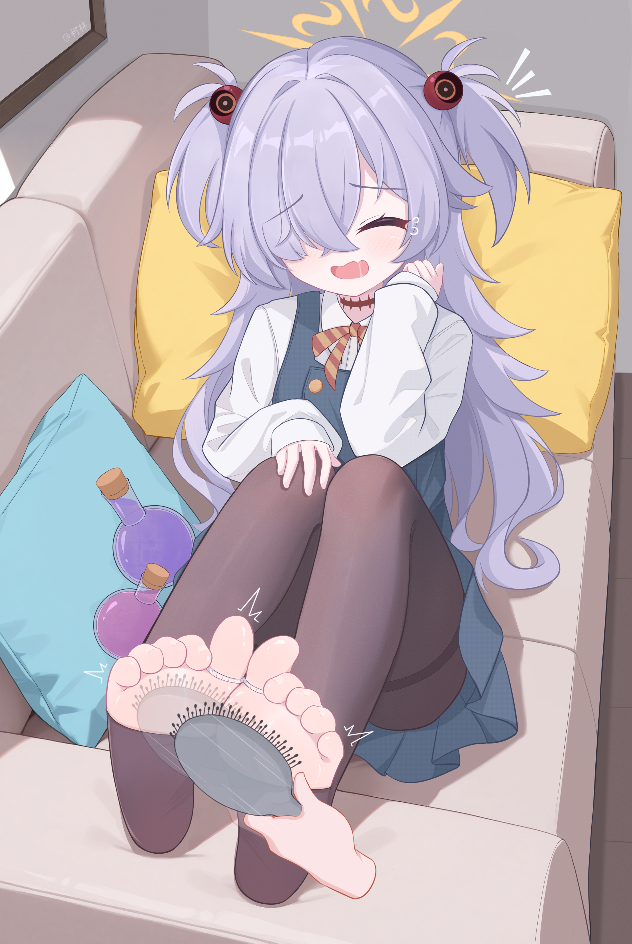 eugenecolin, kanoe (blue archive), blue archive, absurdres, chinese commentary, commentary request, highres, paid reward available, variant set, 1girl, ^^^, ^ ^, afterimage, artist name, barefoot, black pantyhose, blush, bound, bound toes, brown ribbon, closed eyes, collared shirt, convenient leg, couch, crossed bangs, disembodied hand, dress, dutch angle, eyeball hair ornament, eyelashes, facing viewer, feet, flask, foot focus, full body, furrowed brow, grey hair, hair brush, hair intakes, hair over one eye, halo, hand on own knee, hands up, holding, holding hair brush, knees up, laughing, long bangs, long hair, motion lines, neck ribbon, notice lines, on couch, one eye covered, open mouth, orange halo, pantyhose, pillow, pinafore dress, ribbon, round-bottom flask, saliva, school uniform, shirt, sitting, sleeveless, sleeveless dress, sleeves past wrists, soles, solo, tearing up, thighband pantyhose, tickling, tickling feet, toeless legwear, toes, two side up, very long hair, wavy mouth, white shirt