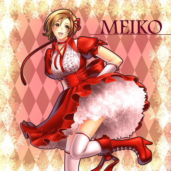 kayu, meiko (vocaloid), vocaloid, bad id, bad pixiv id, 1girl, brown eyes, brown hair, choker, dress, female focus, frills, lingerie, petticoat, short hair, skirt, solo, thighhighs, underwear, zettai ryouiki