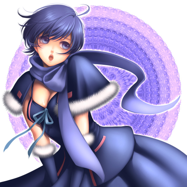 kayu, kaiko (vocaloid), kaito (vocaloid), vocaloid, 1girl, :o, ahoge, blue eyes, blue hair, blue scarf, breasts, capelet, cleavage, female focus, fur trim, genderswap, genderswap (mtf), matching hair/eyes, scarf, solo