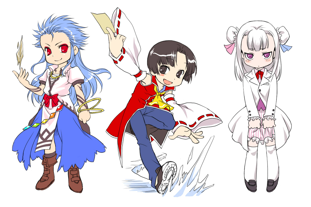 esaka, hakurei reimu, hinanawi tenshi, iceman (x-men), magaki (kof), mukai (king of fighters), mukai (kof), patchouli knowledge, m.u.g.e.n, marvel, snk, the king of fighters, touhou, x-men, 1boy, 2girls, blue hair, boots, brown eyes, brown hair, bun cover, crossover, detached sleeves, double bun, if they mated, japanese clothes, long hair, miko, multiple girls, purple eyes, sarashi, short hair, thighhighs, white hair
