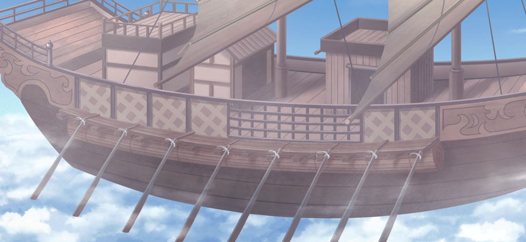 touhou, touhou gensou eclipse, game cg, non-web source, official art, above clouds, blue sky, cloud, day, no humans, oar, outdoors, sail, sailing ship, scenery, ship, sky, watercraft