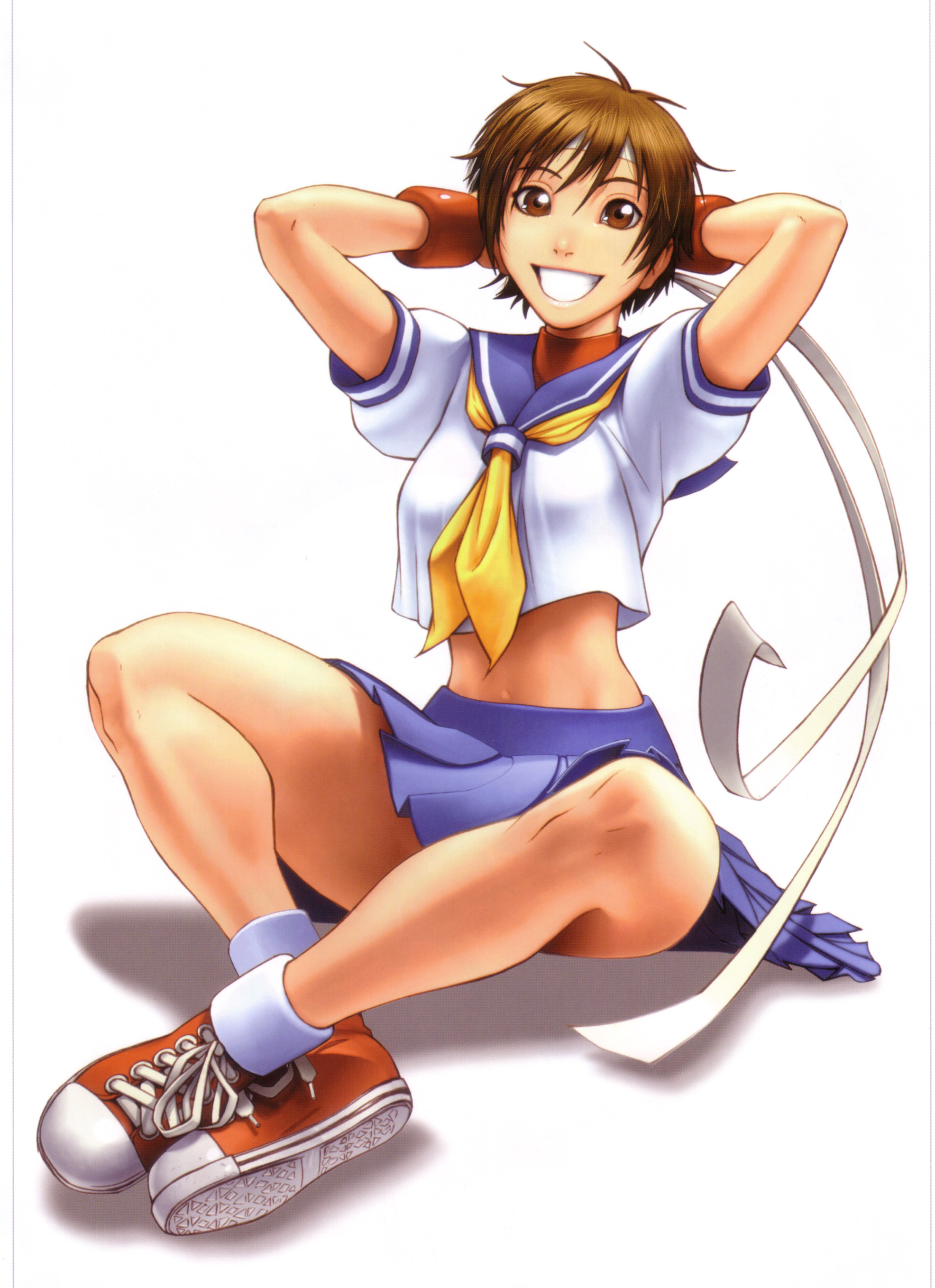 omar dogan, udon entertainment, kasugano sakura, capcom, converse, sakura ganbaru!, street fighter, street fighter zero (series), absurdres, derivative work, highres, scan, 1990s (style), 1girl, armor, arms behind head, blue sailor collar, brown eyes, brown hair, crop top, crop top overhang, crossed ankles, female focus, grin, headband, indian style, japanese armor, kote, midriff, retro artstyle, sailor collar, school uniform, shoes, short hair, sitting, skirt, smile, sneakers, solo