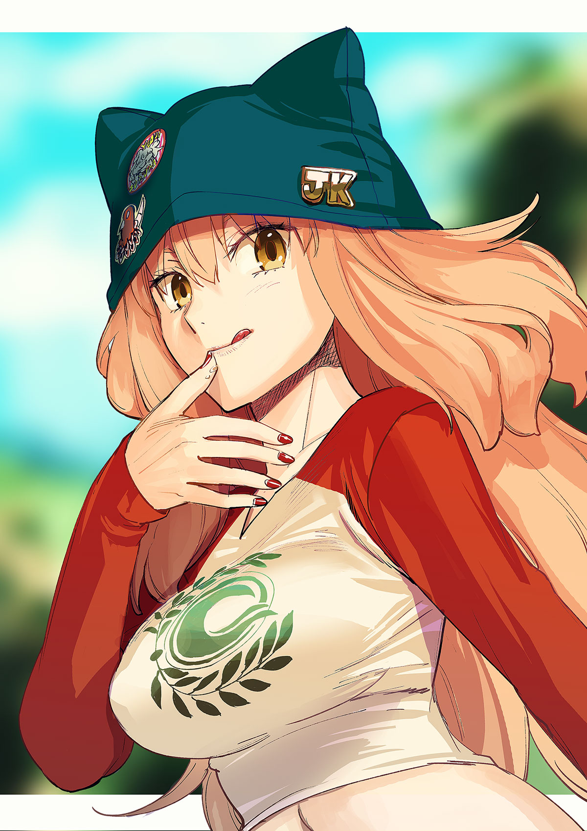 takenoko seijin, suzuka gozen (fate), fate/grand order, fate (series), highres, 1girl, animal ears, badge, beanie, blue hat, blue sky, breasts, button badge, fox ears, fox girl, hat, large breasts, licking lips, long hair, long sleeves, looking at viewer, midriff, navel, official artist extra, orange eyes, orange hair, red sleeves, shirt, sidelocks, sky, smile, solo, tongue, tongue out, white shirt