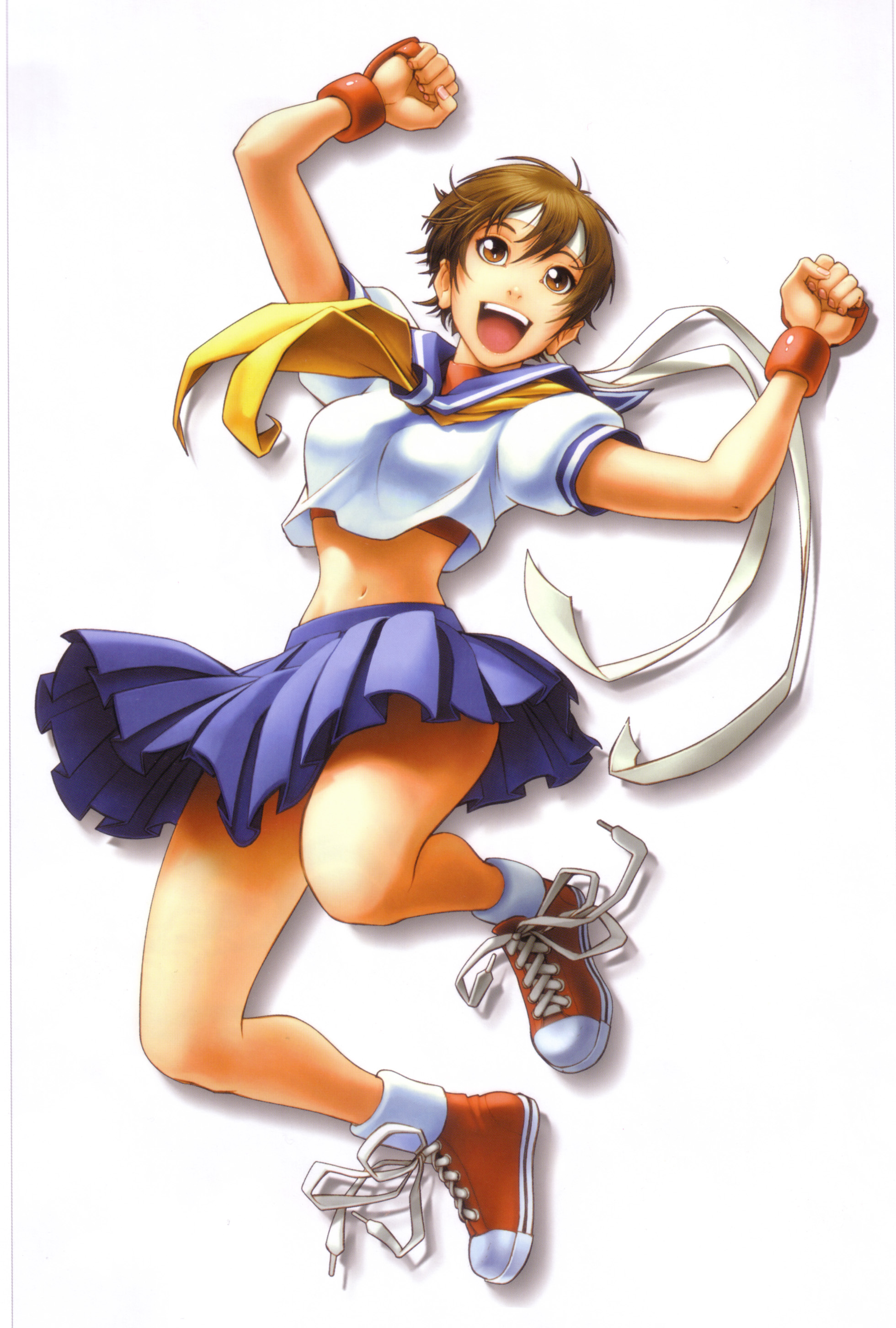 omar dogan, udon entertainment, kasugano sakura, capcom, converse, sakura ganbaru!, street fighter, street fighter zero (series), absurdres, derivative work, highres, scan, 1990s (style), 1girl, blue sailor collar, brown eyes, brown hair, comic, cover, cover page, female focus, headband, midriff, navel, open mouth, retro artstyle, sailor collar, school uniform, short hair, solo