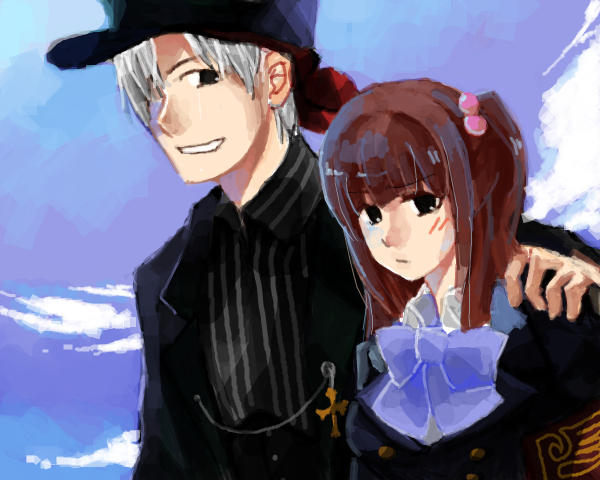 feesh, amakusa juuza, ushiromiya ange, umineko no naku koro ni, silver hair, 00s, black eyes, bow, hair bobbles, hair ornament, hat, red hair, serious, smile, twintails