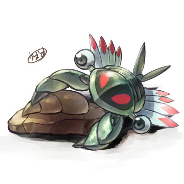kaosu (kaosu0905), anorith, nintendo, pokemon, commentary request, animal focus, claw fossil, claws, fossil, gen 3 pokemon, no humans, pokemon (creature), pokemon focus, signature, simple background, solo, white background