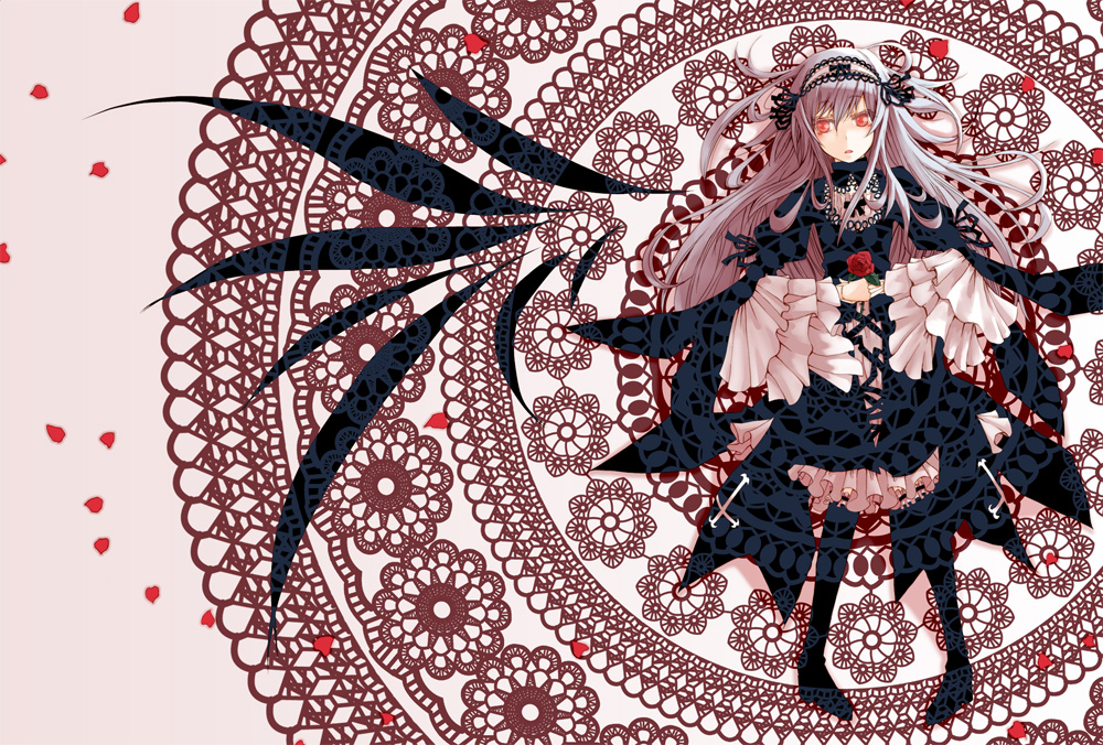 ushi (ushi manji), suigintou, rozen maiden, silver hair, bad id, bad pixiv id, 00s, dress, flower, frills, hairband, long hair, pink eyes, rose, solo