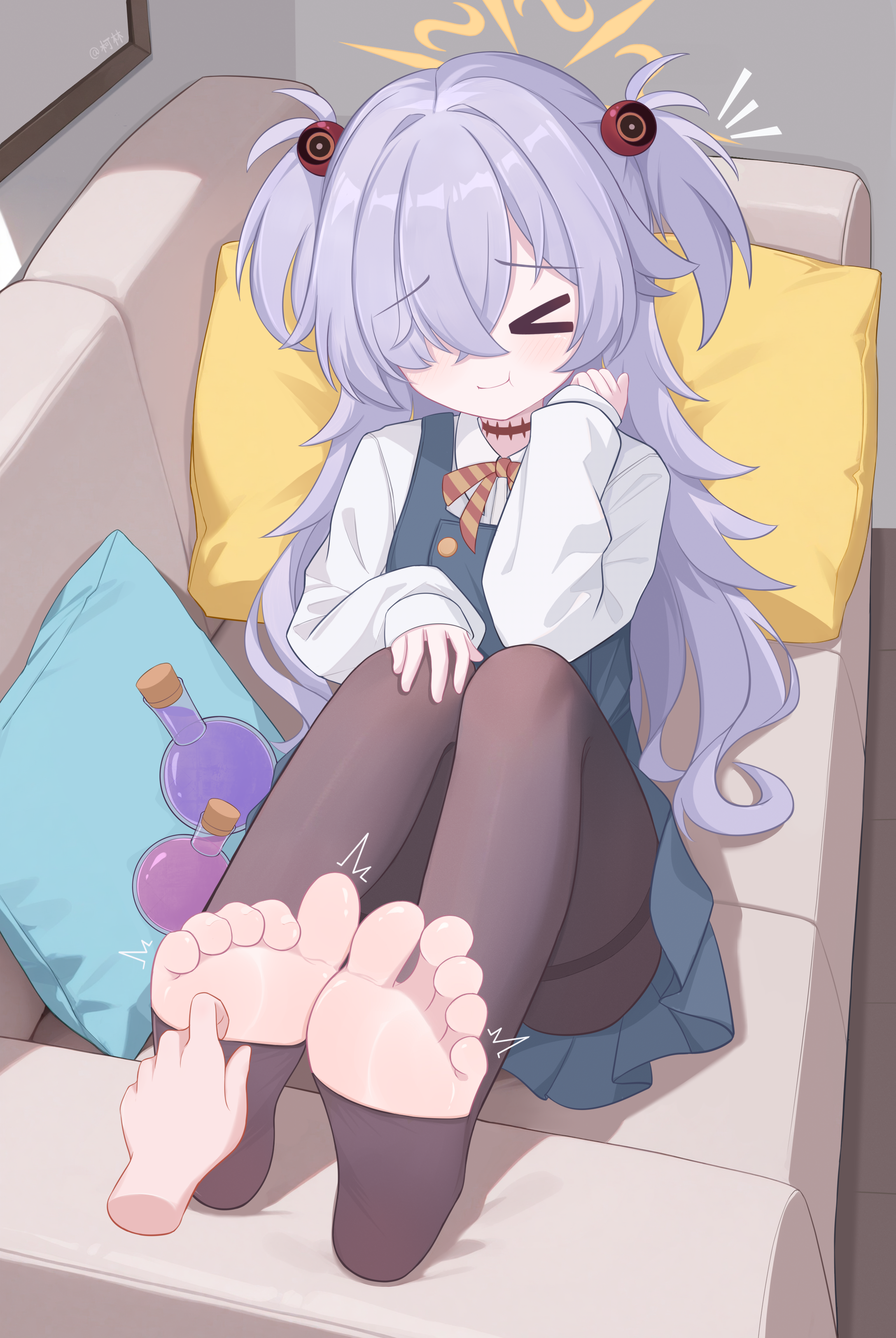 eugenecolin, kanoe (blue archive), blue archive, absurdres, chinese commentary, commentary request, highres, paid reward available, variant set, > <, 1girl, :t, ^^^, artist name, barefoot, black pantyhose, blush, brown ribbon, closed mouth, collared shirt, convenient leg, couch, crossed bangs, disembodied hand, dress, dutch angle, eyeball hair ornament, eyelashes, facing viewer, feet, flask, foot focus, full body, furrowed brow, grey hair, hair intakes, hair over one eye, halo, hand on own knee, hands up, knees up, laughing, long bangs, long hair, neck ribbon, notice lines, on couch, one eye covered, orange halo, pantyhose, pillow, pinafore dress, ribbon, round-bottom flask, school uniform, shirt, sitting, sleeveless, sleeveless dress, sleeves past wrists, smile, soles, solo, thighband pantyhose, tickling, tickling feet, toeless legwear, toes, two side up, very long hair, white shirt