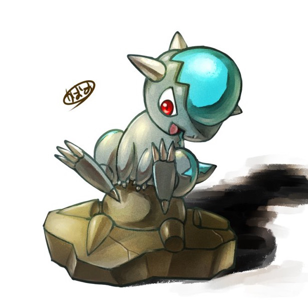 kaosu (kaosu0905), cranidos, nintendo, pokemon, commentary request, animal focus, claws, fossil, gen 4 pokemon, no humans, open mouth, pokemon (creature), pokemon focus, red eyes, signature, simple background, sitting, skull fossil, solo, spikes, white background