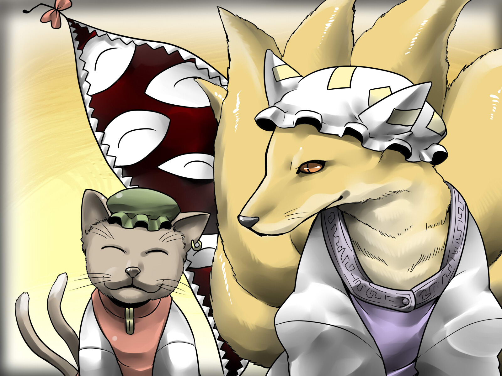 tukiwani, chen, chen (cat), yakumo ran, yakumo ran (fox), touhou, highres, 2girls, cat, female focus, fox, gap (touhou), gradient background, hat, multiple girls, multiple tails, tail, upper body