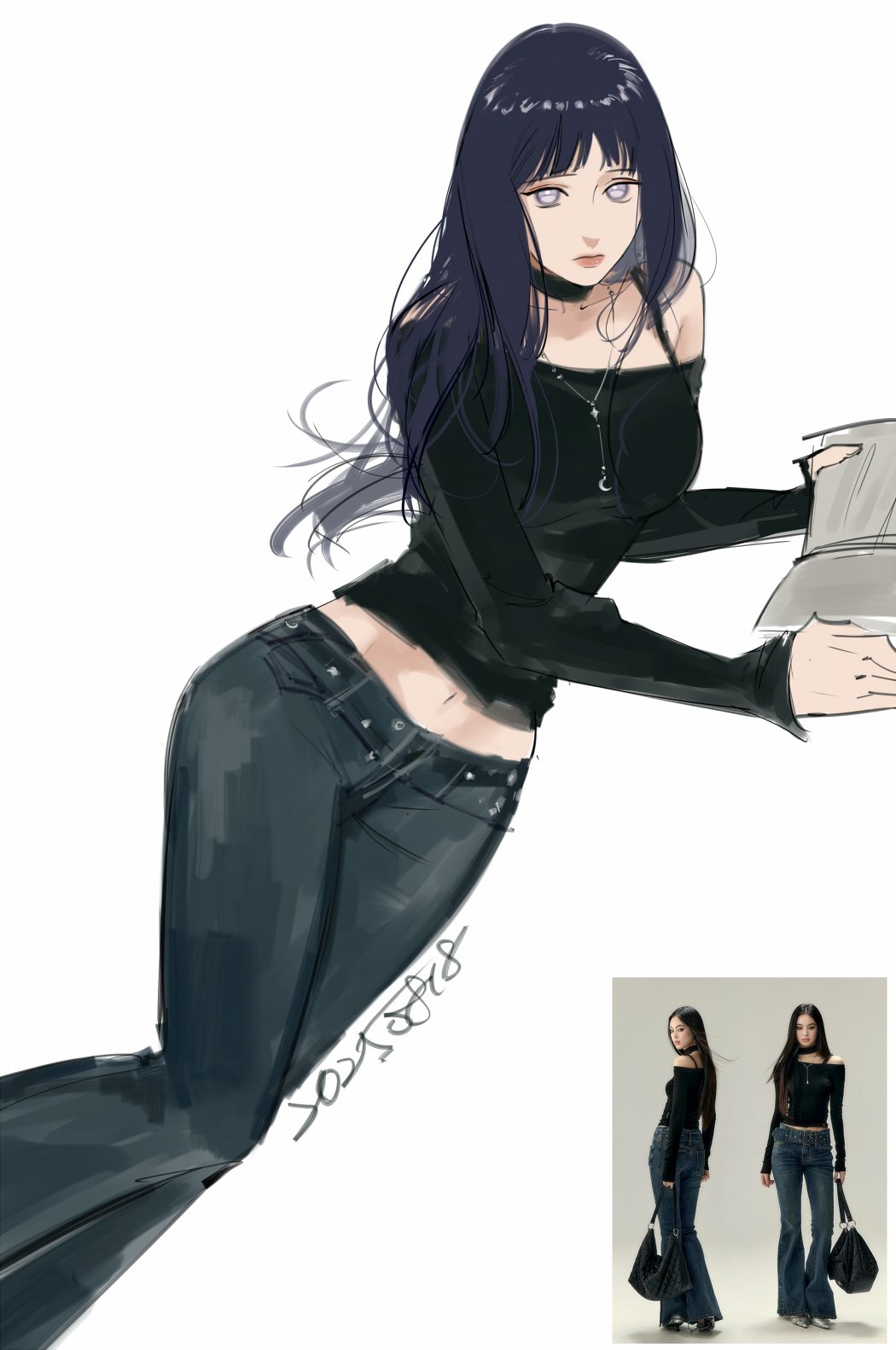 hanchu27, hyuuga hinata, naruto (series), highres, 1girl, alternate costume, bare shoulders, black choker, black hair, black shirt, blue pants, blunt bangs, book, breasts, choker, dated, denim, feet out of frame, grey eyes, holding, holding book, jeans, long hair, long sleeves, medium breasts, midriff, no pupils, off-shoulder shirt, off shoulder, pants, reference inset, shirt, sleeves past wrists, solo, straight hair, white background