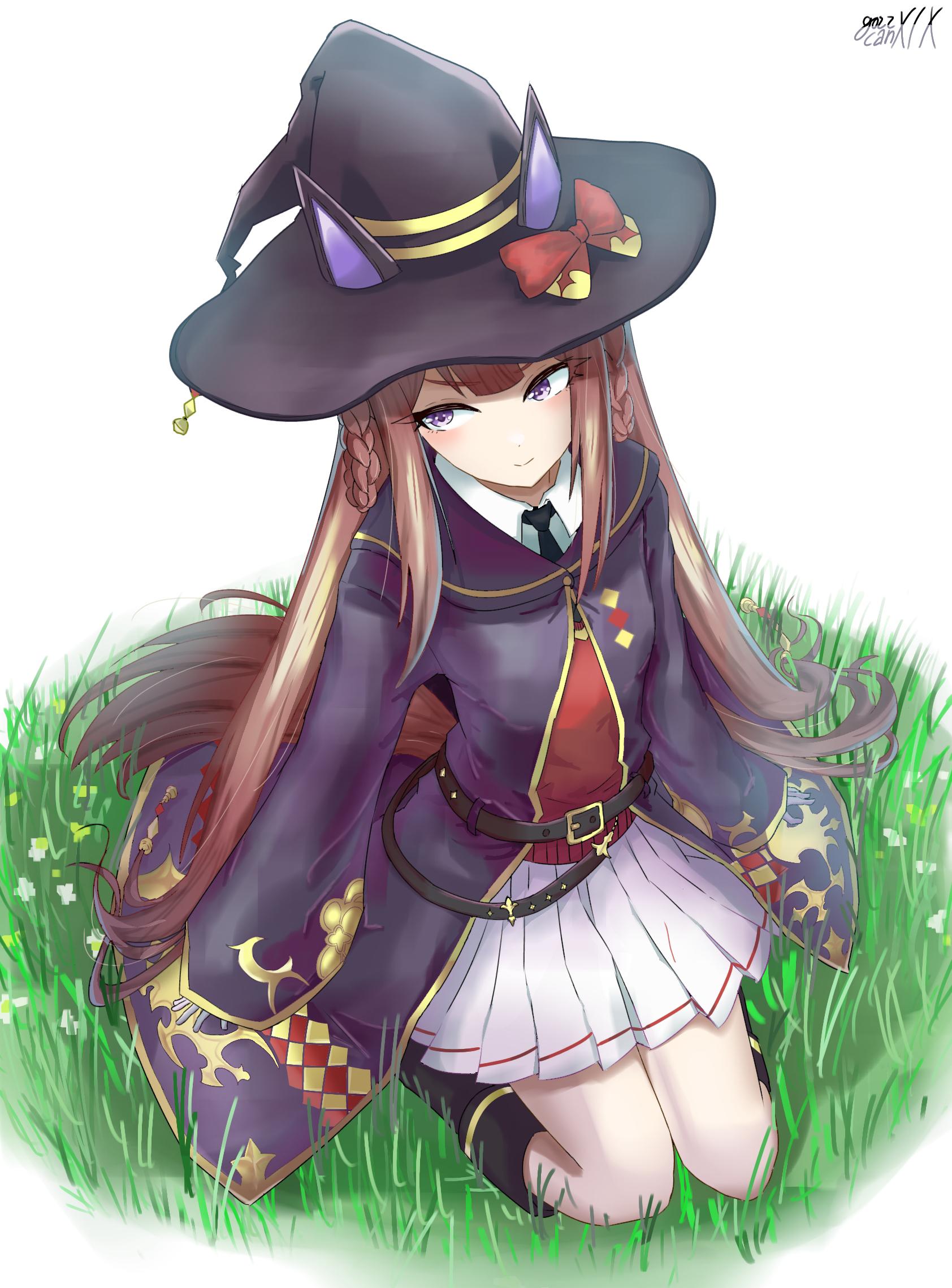 gozz.can, sweep tosho (umamusume), umamusume, commentary request, highres, 1girl, animal ears, artist name, belt, blush, boots, breasts, cleavage, closed mouth, grass, hair between eyes, hair ornament, hat, horse ears, horse girl, horse tail, long hair, necktie, purple eyes, ribbon, seiza, sitting, tail, twintails, white background, witch hat